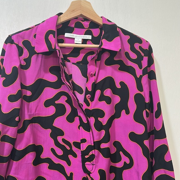 DIANE VON WOMEN PULLOVER BLOUSE PINK BLACK LONG SLEEVE 100 % SILK Sz 6 - Picture 3 of 9